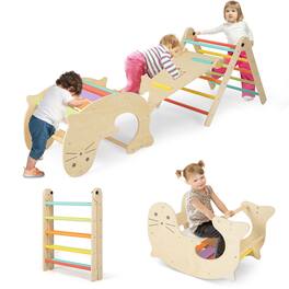 Gymax - 7-in-1 Indoor Climbing Toys for Toddlers w/ Reversible Ramp Sea Lion Rocker - Natural