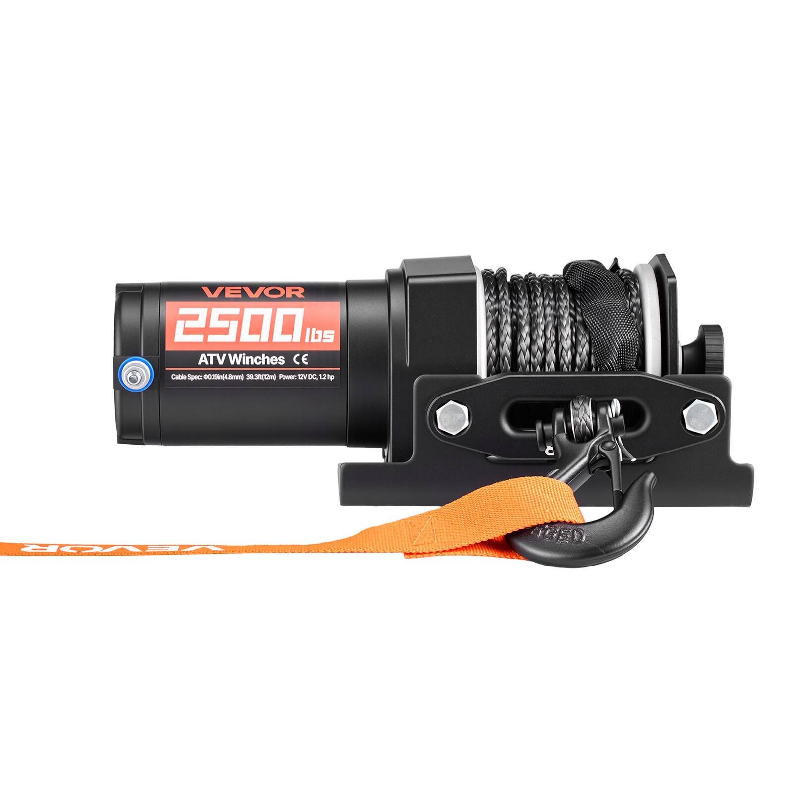 VEVOR 2500 lbs ATV Winches CE  
Cable Spec: 6x19/8mm, 33.3kN  
Power: 12V DC, 12hp