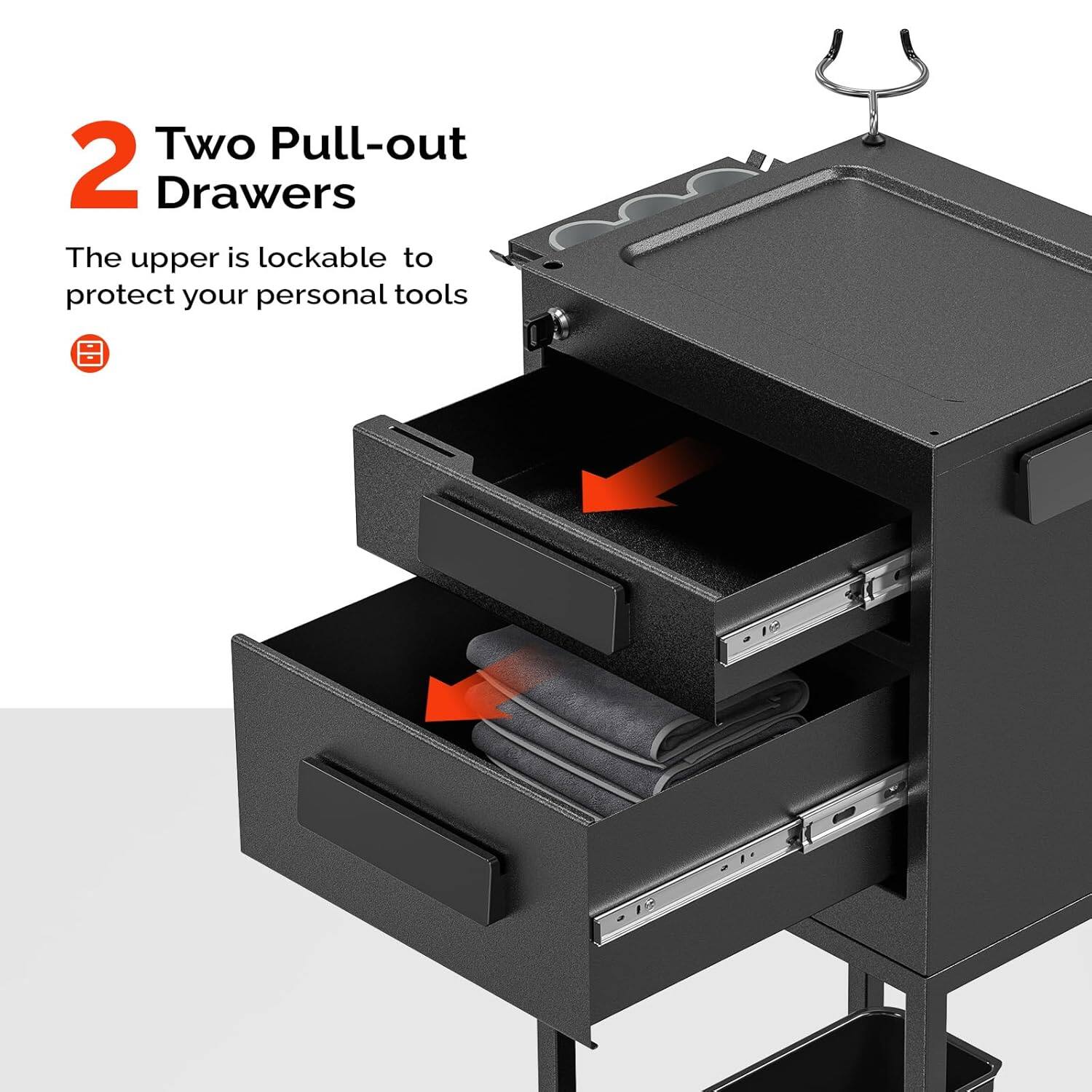 Two Pull-out Drawers  
The upper is lockable to protect your personal tools.