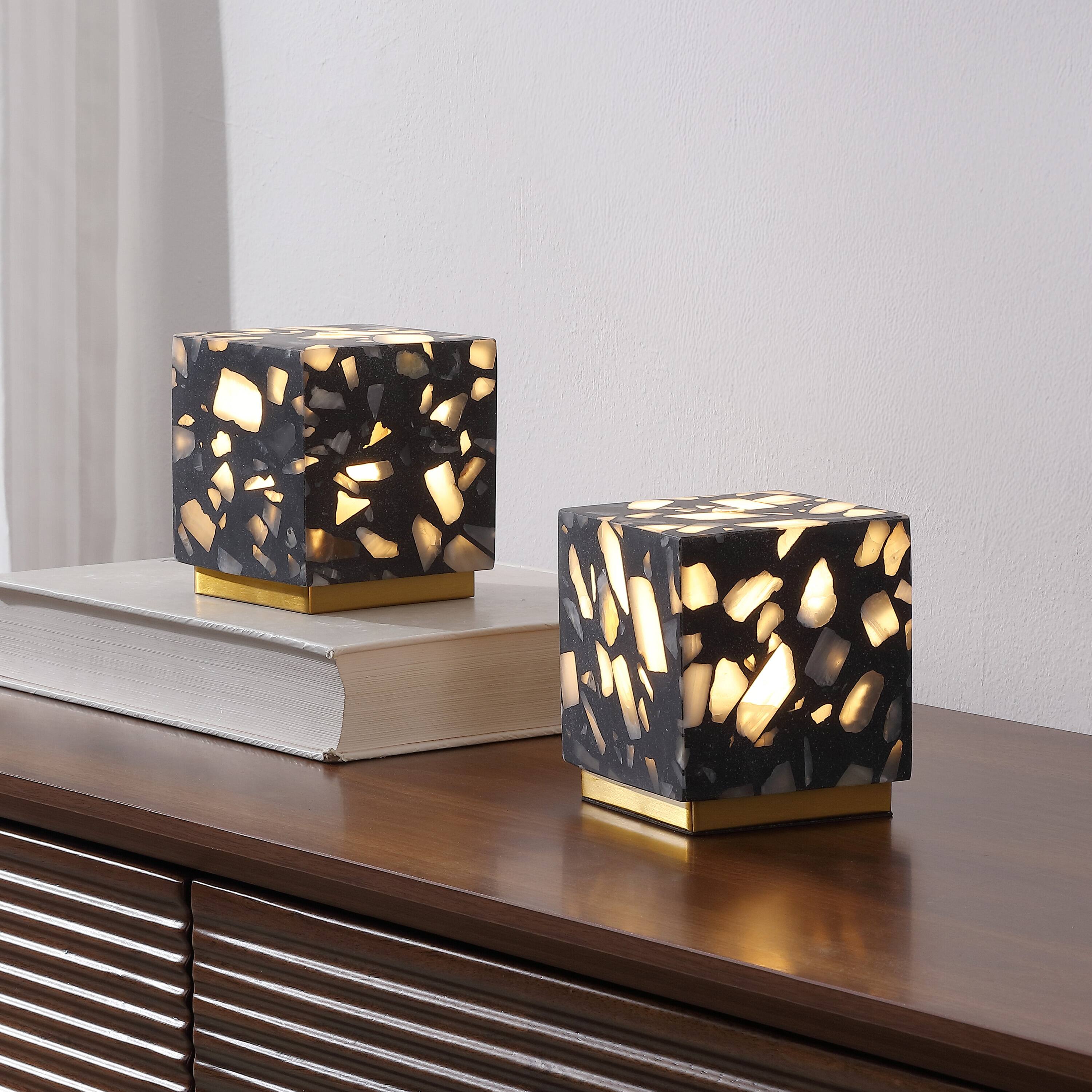 Alt View 1. Jonathan Y - Lara 4.63" Terrazzo Rechargeable Dimmable Integrated LED Mini Table Lamp with Touch Sensor, Black/Brass Gold (Set of 2) - Black Terrazzo.