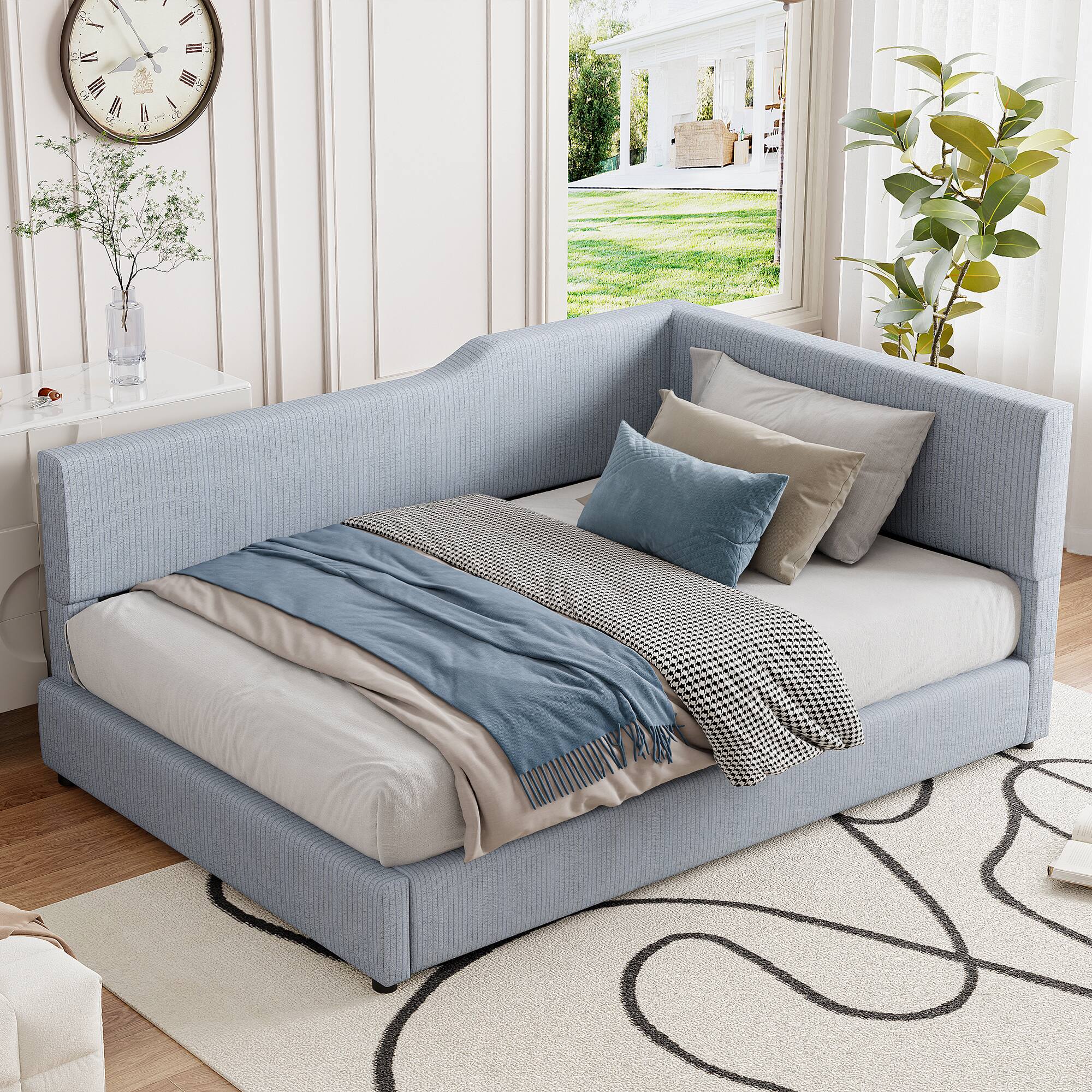 Front. Tiramisubest - Full Size L-Shaped Corduroy Daybed Upholstered Daybed, Gray - Gray.