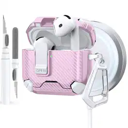 Dteck - Case for Apple AirPods 4th Gen with Magnetic Lock,Compatible with Mag Safe,Carbon Fiber Texture Cover with Carabiner - Whitepink