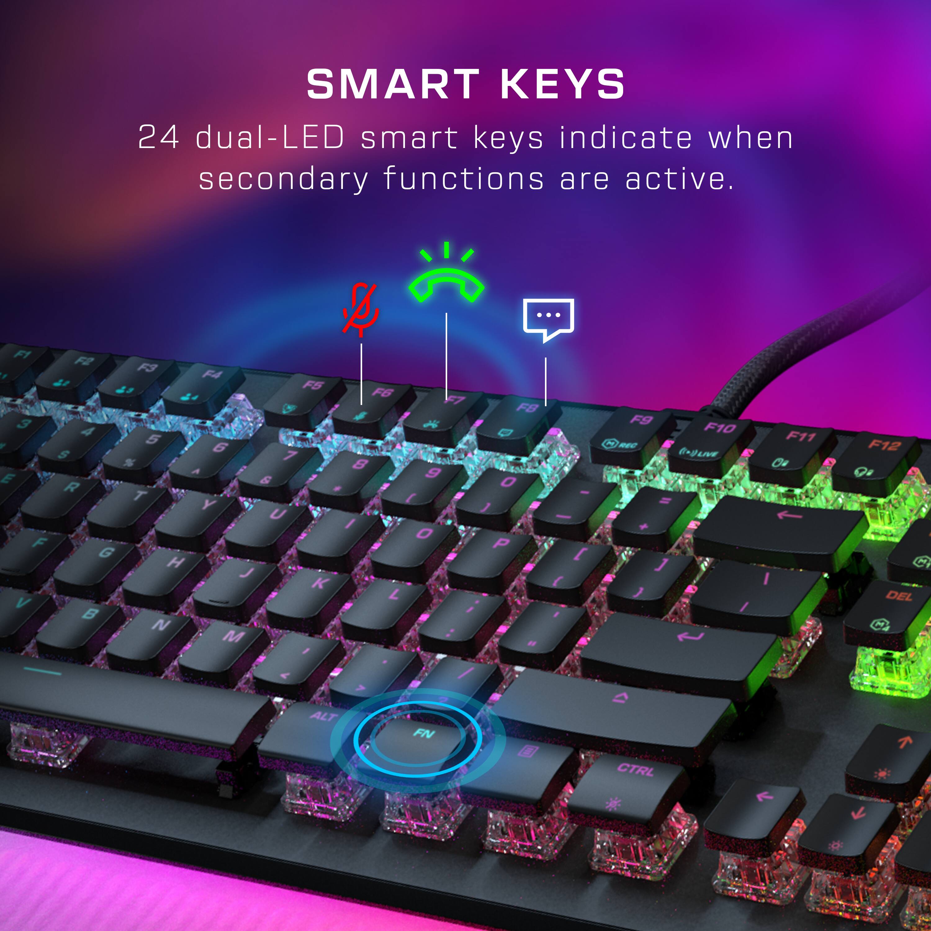 SMART KEYS: 24 dual-LED smart keys indicate when secondary functions are active. F1, F2, I, F3, F4, it, F5, + F6, F7, F8, J, S, A, + 5, O, 7, 6, S, 7, %, 8, A, 9, E, R, G, 0 - T, Y, 1, U - /, 0, F, P, G, H, J, 1, K, 7, V, N, M, B, < / >, ALT, FN, 0, F9, F10, F11, - F12, UE, EM, O - 1 + E, 1, I, 1, DEL, CTRL, 1, y, a, A.