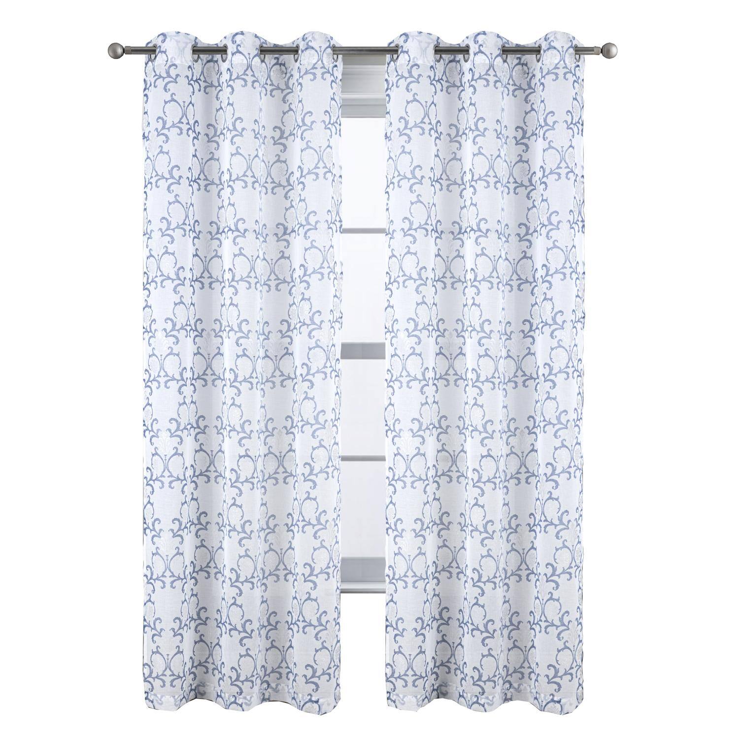 Front. RT Designers Collection - RT Designers Collection Crown Grommet Sheer Metallic Printed Doily Curtain Panel 54" x 84" Blue - Blue.