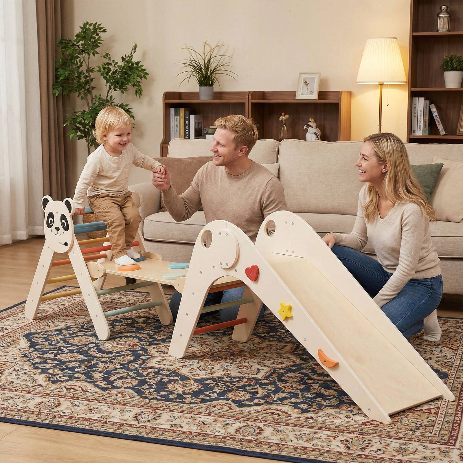 Alt View 3. Gymax - Gymax Panda-Themed Wood Montessori Climbing Set w/Slide Ramp Ladder & Cartoon Blocks Beige - Beige.
