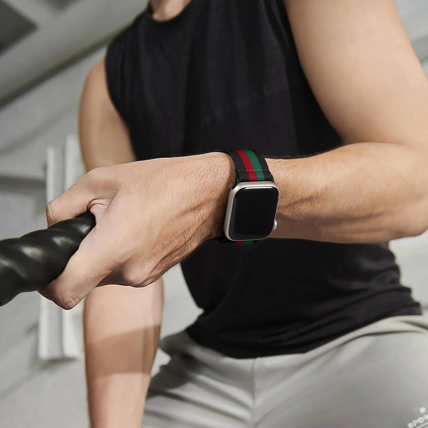 Back. Core Tech - Stretchy Solo Loop Watch Band for Apple Watch 42/44/45/46/49mm - Black/Red/Green.