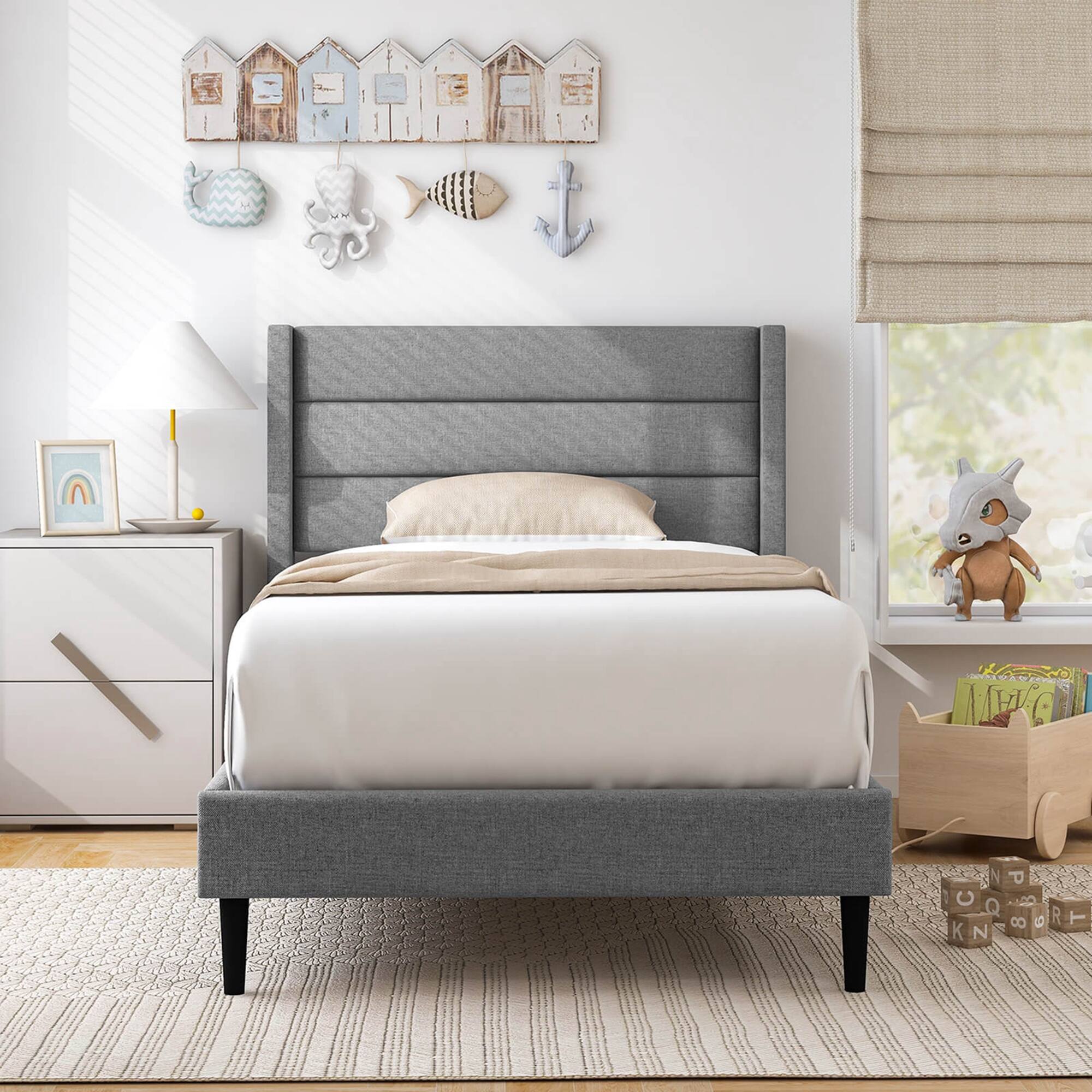 Angle. Costway - Twin Bed Frame with Wingback Headboard Linen Upholstered Platform Bed - Grey.