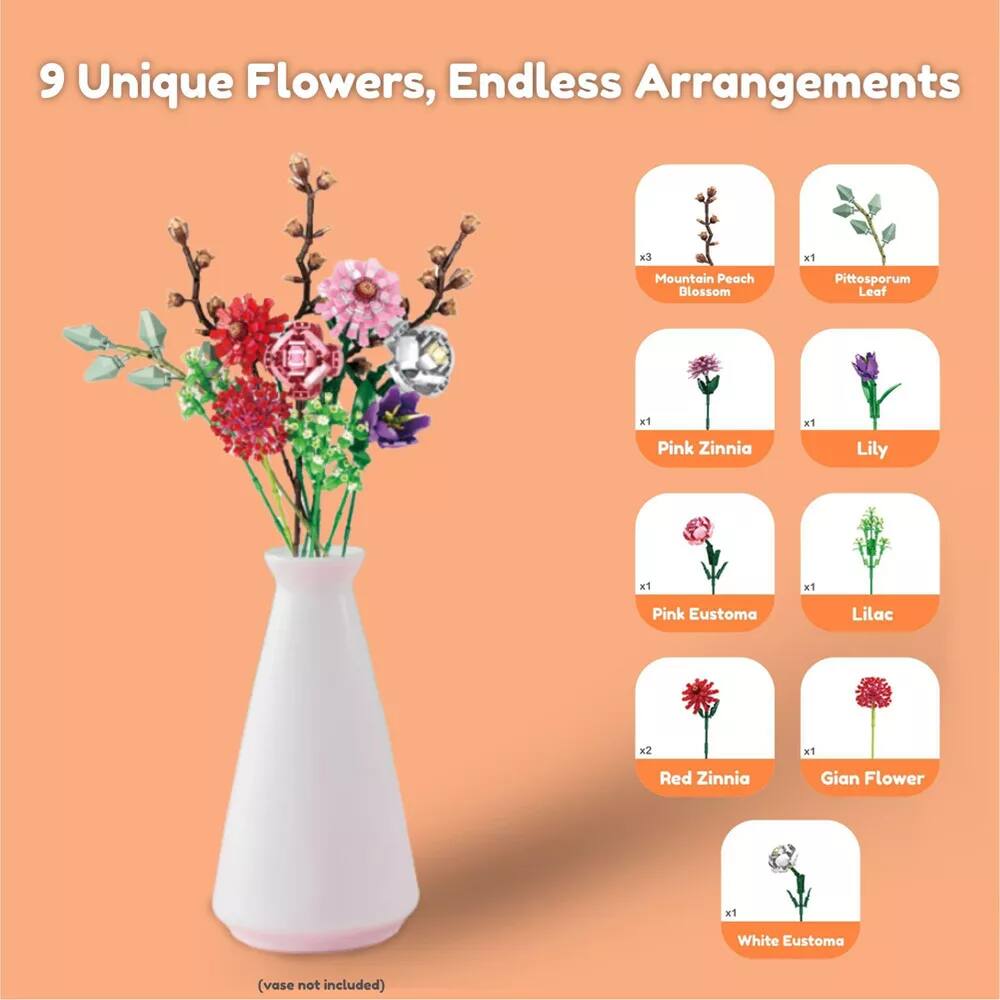 9 Unique Flowers, Endless Arrangements

- Mountain Peach Blossom x3
- Pittosporum Leaf x1
- Pink Zinnia x1
- Lily x1
- Pink Eustoma x1
- Lilac x1
- Red Zinnia x2
- Giant Flower x1
- White Eustoma x1

(vase not included)