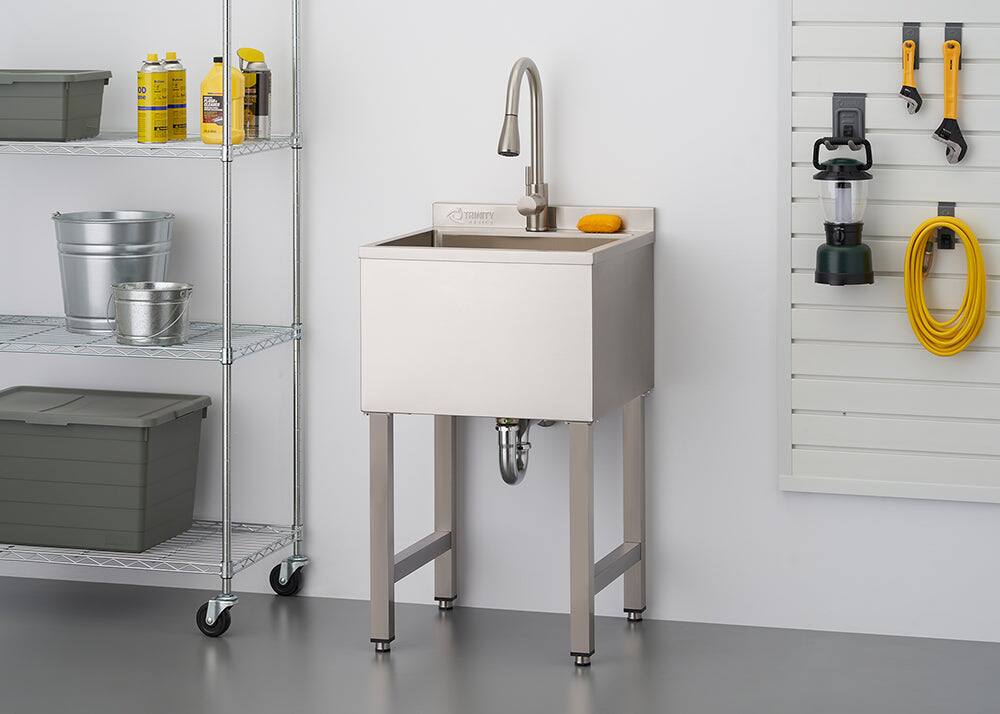Left. TRINITY - Trinity Basics EcoStorage® | 18x16x13 Basin | Stainless Steel Utility Sink | Nsf | w/ Pull-Out Faucet - Chrome.