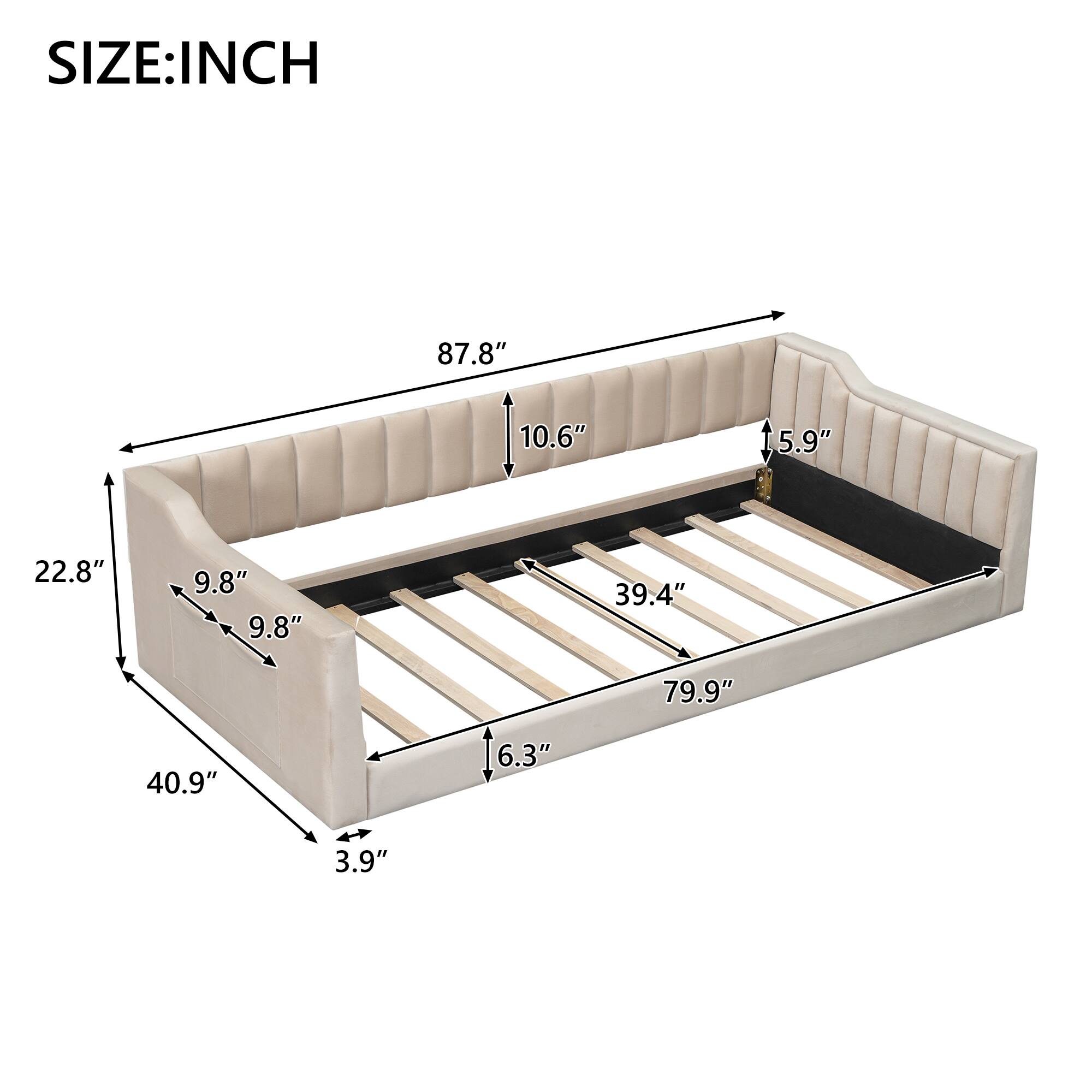 SIZE: INCH

- 87.8"
- 10.6"
- 5.9"
- 22.8"
- 9.8"
- 9.8"
- 39.4"
- 79.9"
- 40.9"
- 6.3"
- 3.9"