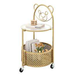 Gymax - 2-Tier Mobile Glass Coffee Table w/ Bear Pattern Storage Basket Transparent & Golden - Transparent, Golden