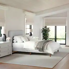 Martha Stewart - Britta Faux Linen Upholstered Full Size Platform Bed with Piped Headboard - Gray Fabric/Walnut Legs
