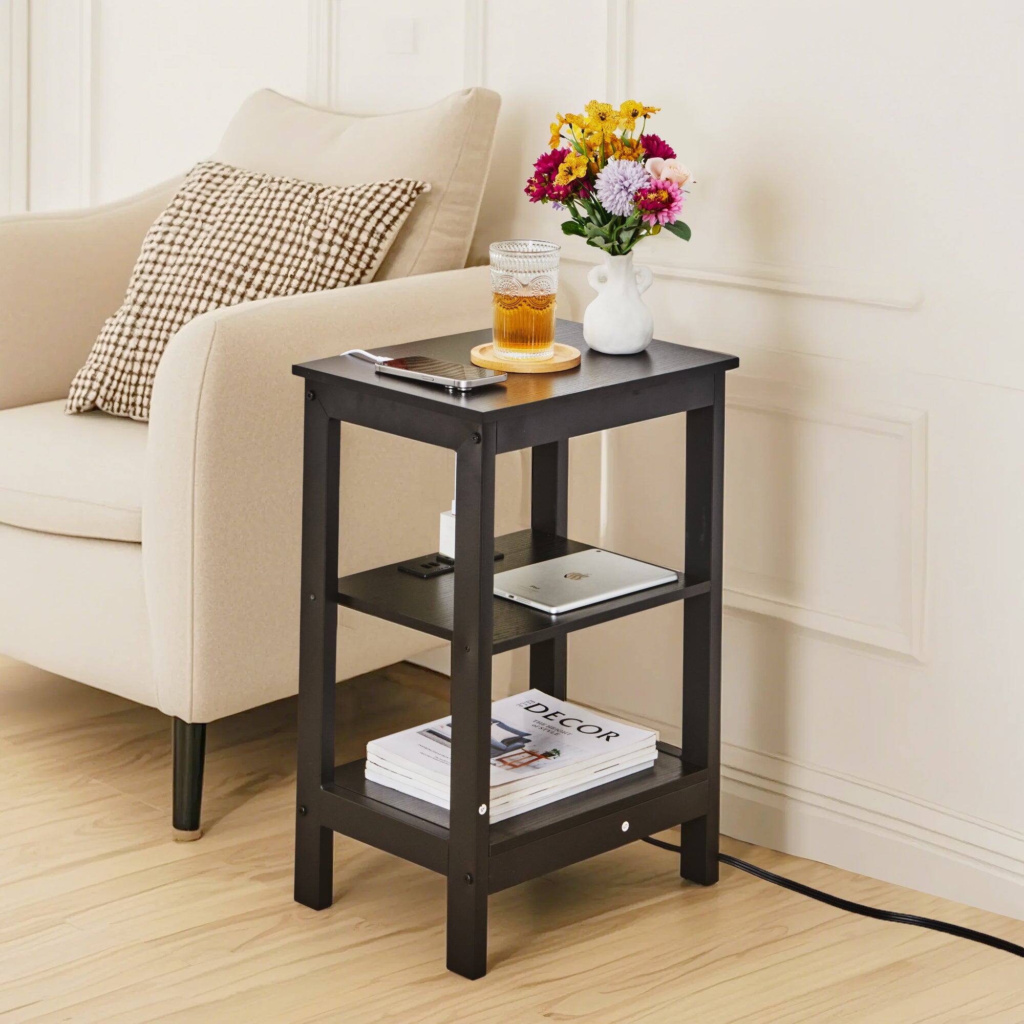Alt View 1. Vecelo - 3-Tier End Table with Charging Station, USB Ports & AC Outlets, Small Side Table with Storage for Bedroom or Living Room - Black.