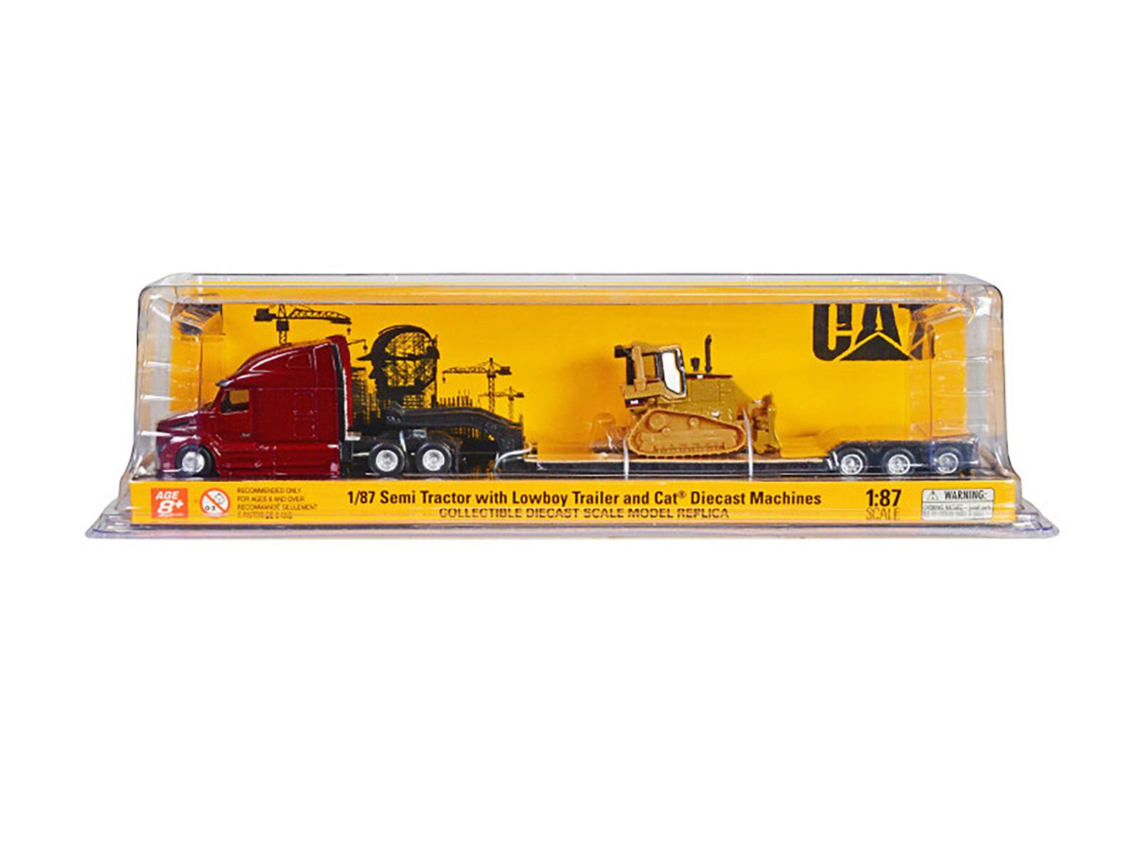 1/87 Semi Tractor with Lowboy Trailer and Cat® Diecast Machines COLLECTIBLE DIECAST SCALE MODEL REPLICA 1:87 SCALE WARNING

AGE 8+ OF RECOMMENDED ONLY

FOR CHILDREN 8 YEARS AND OVER