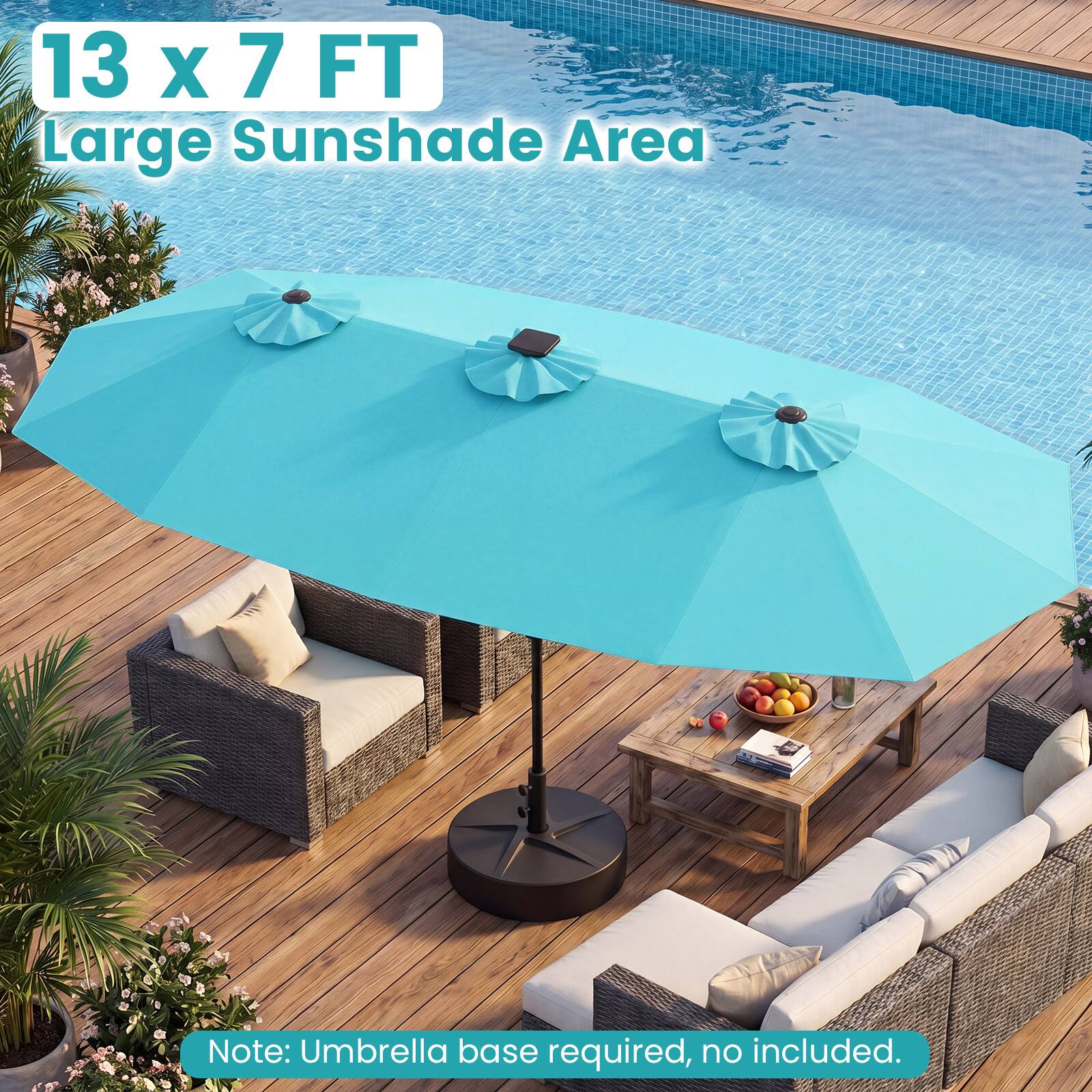 13 x 7 FT Large Sunshade Area  
Note: Umbrella base required, no included.