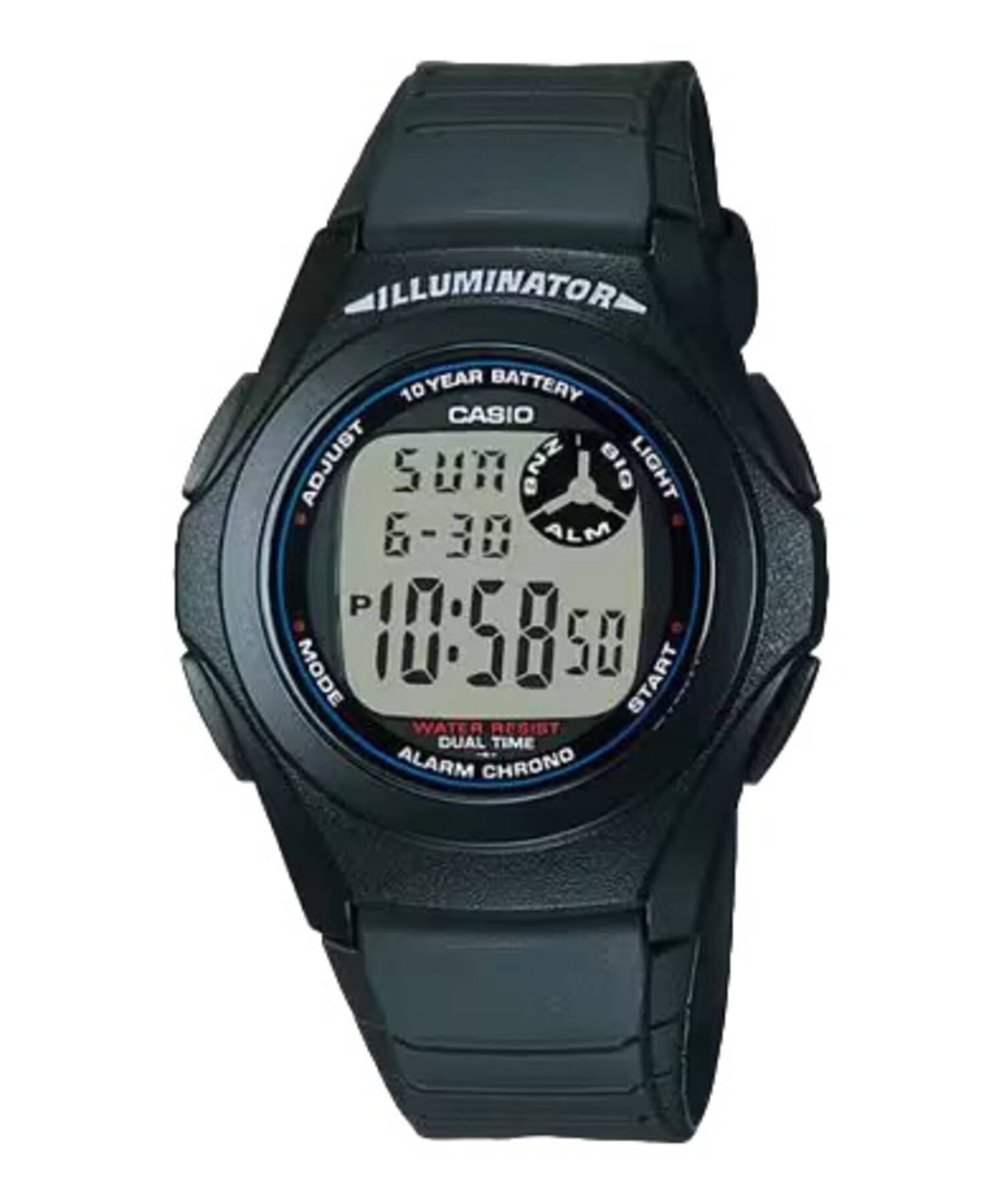 ILLUMINATOR  
10 YEAR BATTERY  
CASIO  
TBULOA 5U8  
BIO LIGHT  
ALM  
P  
MODE  
10:58:50  
START  
WATER RESIST  
DUAL TIME  
ALARM CHRONO