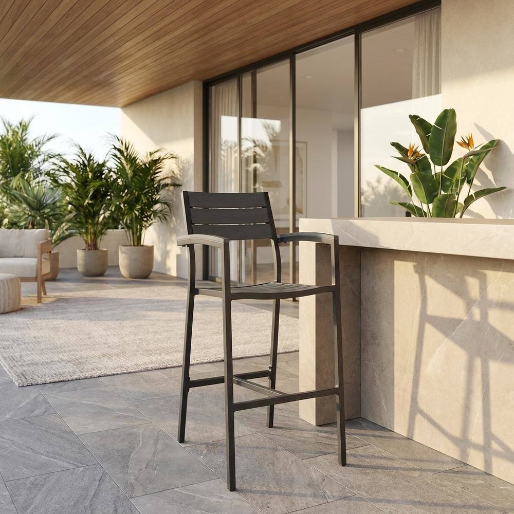 Angle. Outdoor Escape - Stylish Outdoor Patio Bar Stool With Armrests And Comfortable Seat - Brown.