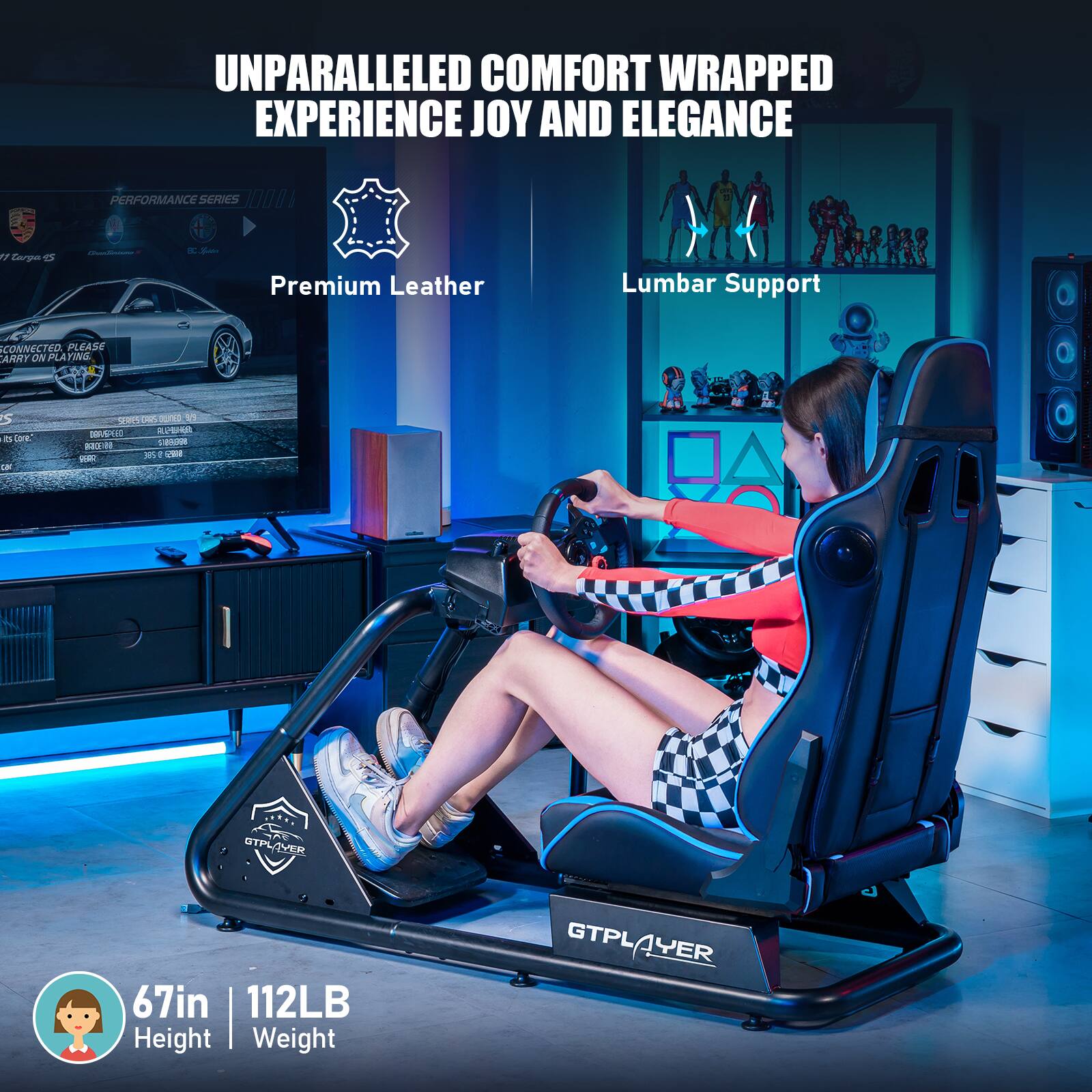 The text on the image reads: "Unparalleled Comfort Wrapped Experience Joy and Elegance Performance Series J000 - Premium Leather Lumbar Support Connected Please Carry No Plating - Core L Vees Den sun 1 CS ... FF OTPLVER OTPL VER 67in | 112LB Height Weight GTPLAYER GTPL 1YER."