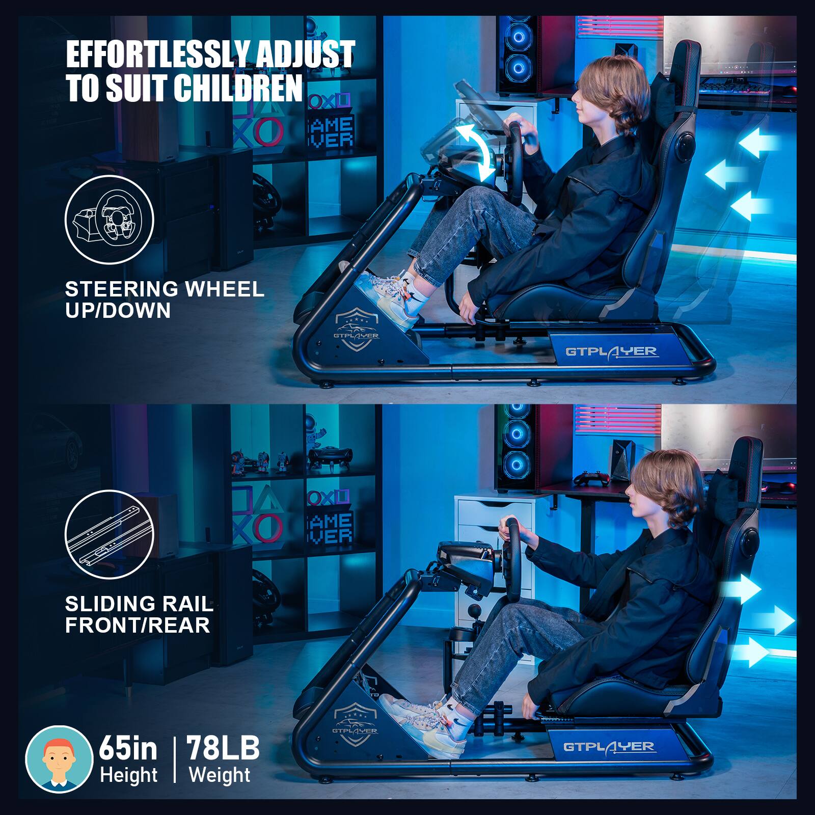 Effortlessly Adjust to Suit Children: Steering Wheel Up/Down, Sliding Rail Front/Rear, 65in | 78LB Height Weight.