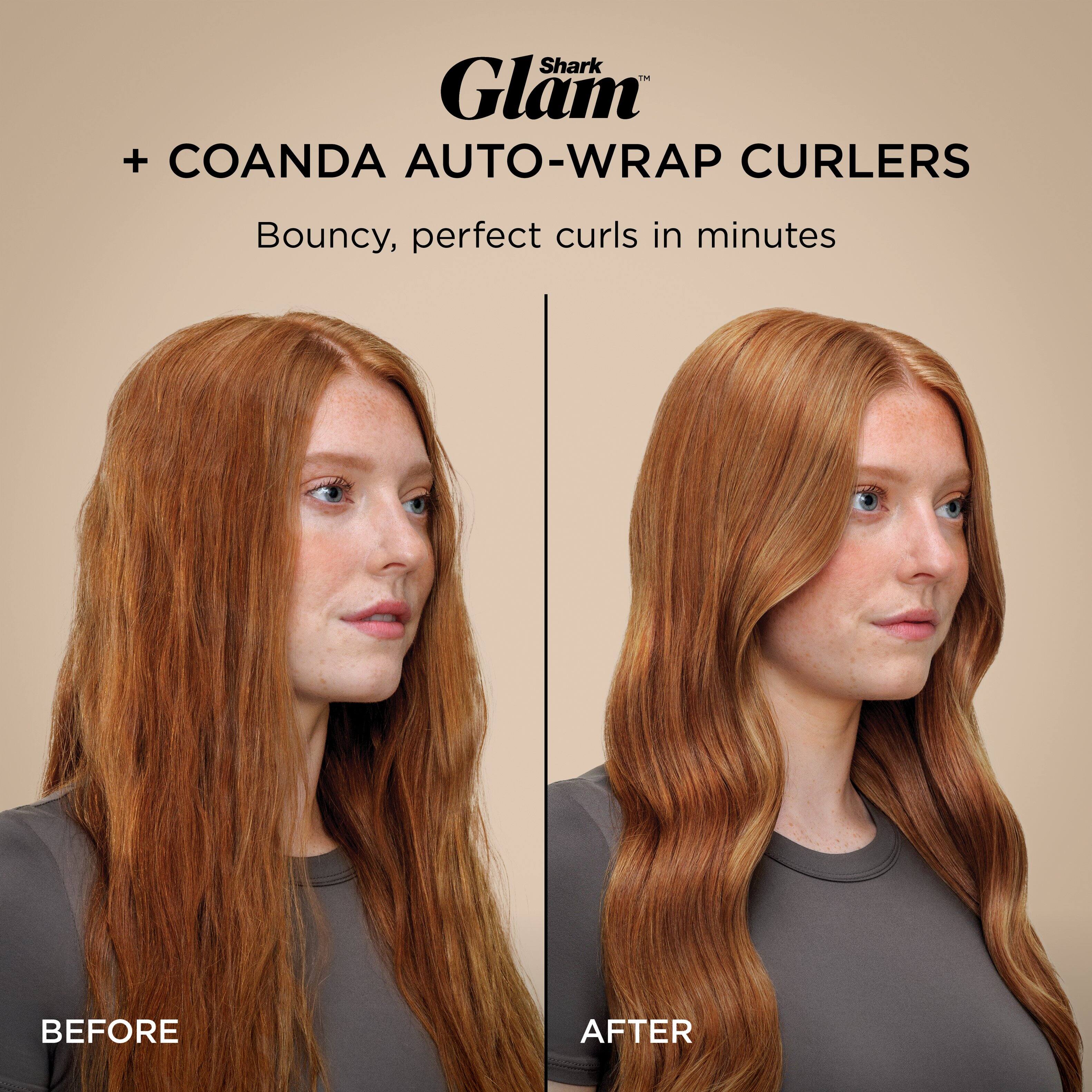 Shark Glam  
+ COANDA AUTO-WRAP CURLERS  
Bouncy, perfect curls in minutes  

BEFORE  
AFTER