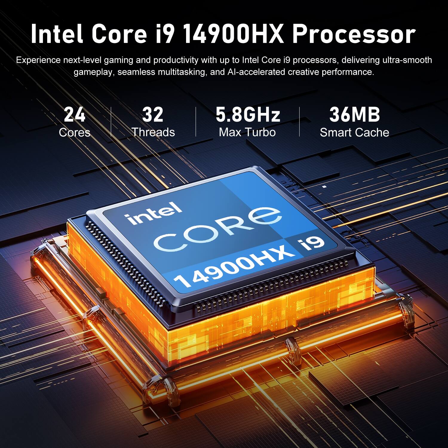 Intel Core i9 14900HX Processor

Experience next-level gaming and productivity with up to Intel Core i9 processors, delivering ultra-smooth gameplay, seamless multitasking, and AI-accelerated creative performance.

24 Cores
32 Threads
5.8GHz Max Turbo
36MB Smart Cache
