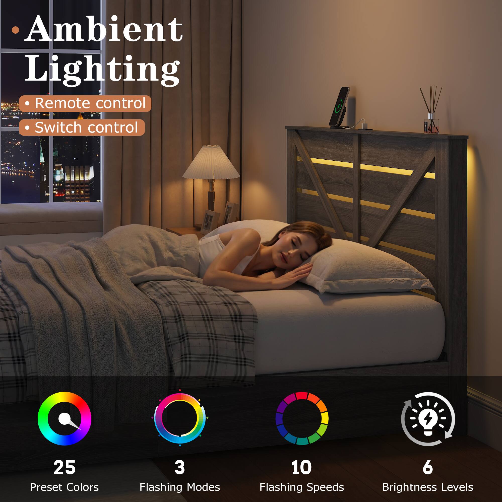 Ambient Lighting  
- Remote control  
- Switch control  

25 Preset Colors  
3 Flashing Modes  
10 Flashing Speeds  
6 Brightness Levels