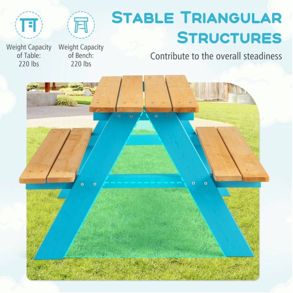 STABLE TRIANGULAR STRUCTURES  
Contribute to the overall steadiness  

Weight Capacity of Table: 220 lbs  
Weight Capacity of Bench: 220 lbs