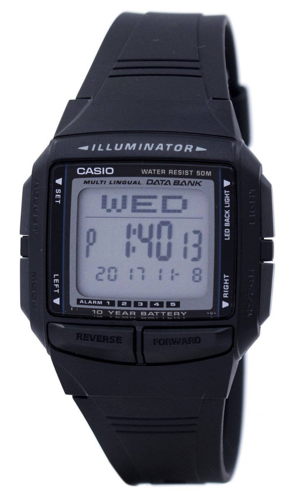 ILLUMINATOR AD A 10 SET LEFT CASIO WATER RESIST 50M MULTI LINGUAL DATA BANK WED LIGHT BACK LED P 140 13 20 20:7::-8 17 8 RIGHT ALARM 1 2 3 4 5 10 YEAR BATTERY -U- LIGHT REVERSE FORWARD