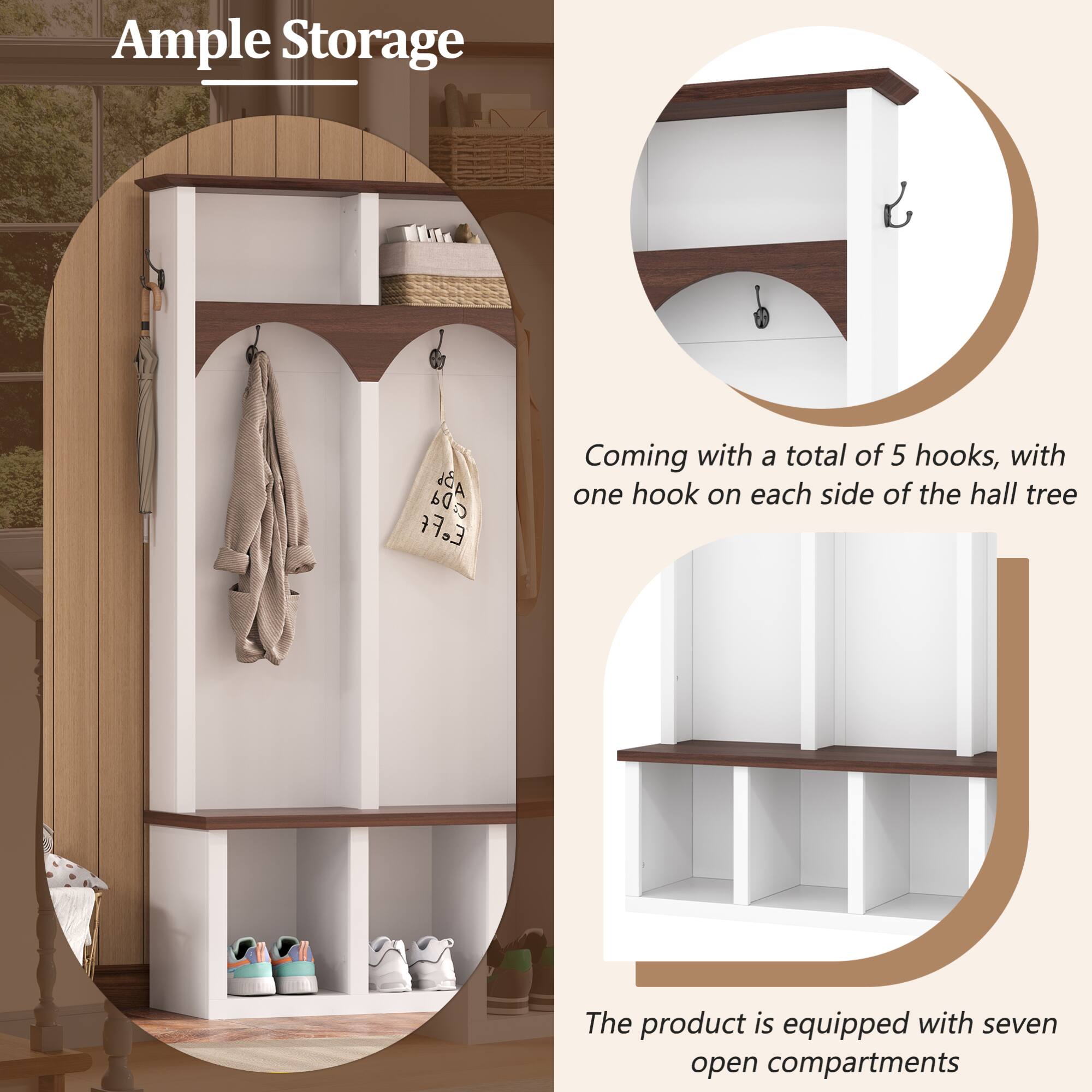 Ample Storage

Coming with a total of 5 hooks, with one hook on each side of the hall tree

The product is equipped with seven open compartments