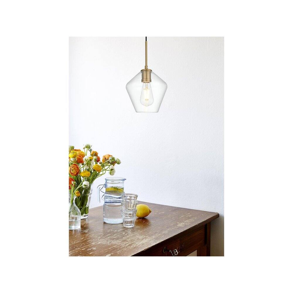 Alt View 2. Living District - Gene 8 Inch Pendant Clear Shade in Satin Gold - Satin Gold And Clear.