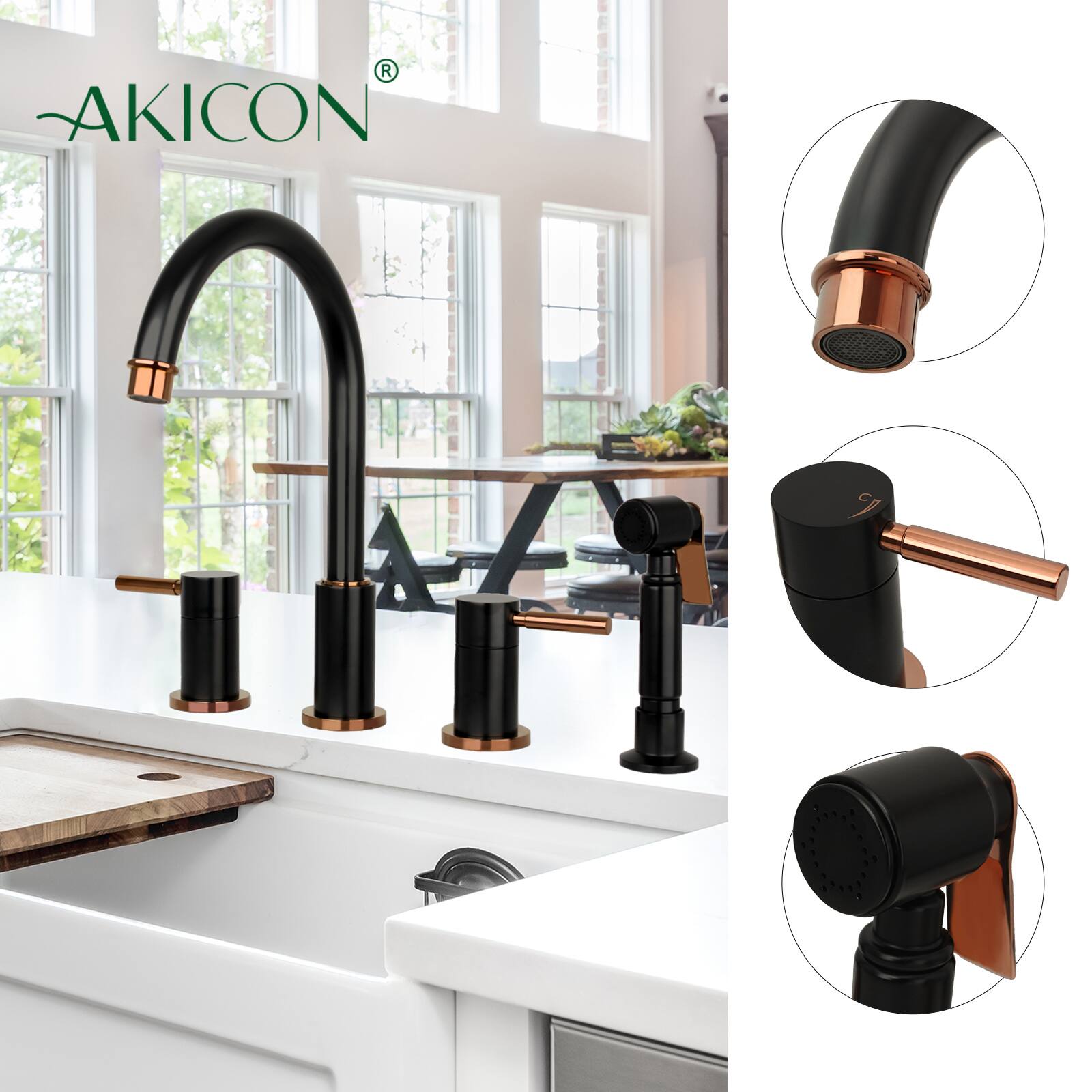 Alt View 2. Akicon - Akicon Solid Brass Double-Handle 360° Swivel Widespread Kitchen Faucet with Side Sprayer in Matte Black & Rose Gold - Matte Black & Rose Gold.