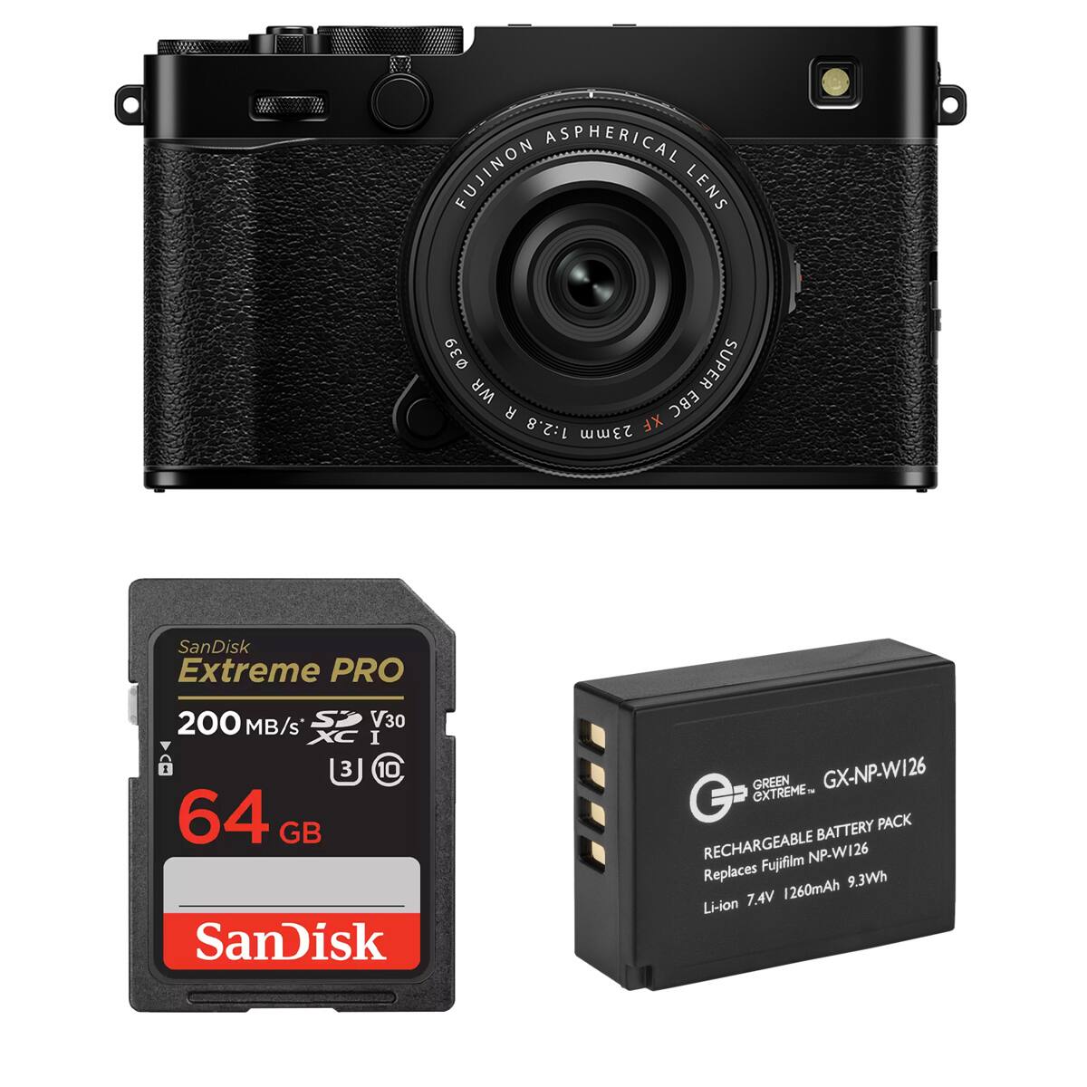 a ASPHERICAL FUJINON LENS  
b 039 SUPER WR EBC R 1:2.8 XF 23mm  
SanDisk Extreme PRO 200 MB/s V30 I  
a 3 10 64 GB  
SanDisk GREEN GX-NP-W126 G EXTREME-  
BATTERY PACK RECHARGEABLE NP-W126  
Replaces Fujifilm 1260mAh 9.3Wh Li-ion 7.4V