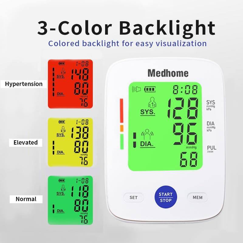 3-Color Backlight  
Colored backlight for easy visualization  

Hypertension  
SYS 148 mmHg  
DIA 80 mmHg  
PUL 76 /min  

Elevated  
SYS 138 mmHg  
DIA 80 mmHg  
PUL 76 /min  

Normal  
SYS 118 mmHg  
DIA 80 mmHg  
PUL 76 /min  

Medhome  
8:08  
SYS 128 mmHg  
DIA 96 mmHg  
PUL 68 /min  

SET START STOP MEM