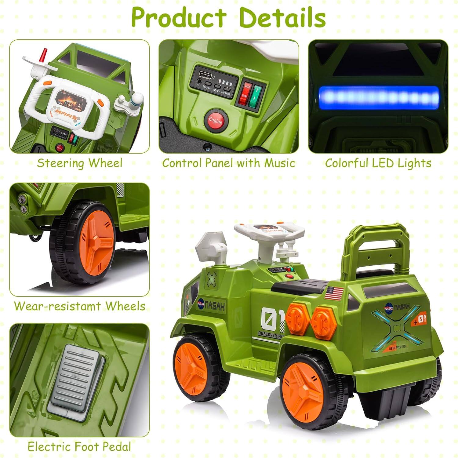Product Details

- Steering Wheel
- Control Panel with Music
- Colorful LED Lights
- Wear-resistant Wheels
- Electric Foot Pedal