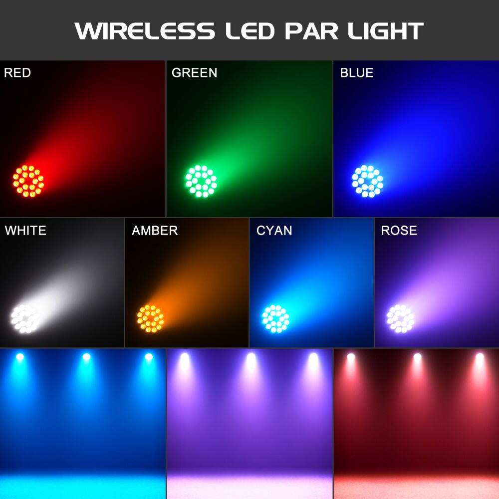 WIRELESS LED PAR LIGHT

RED  
GREEN  
BLUE  

WHITE  
AMBER  
CYAN  
ROSE