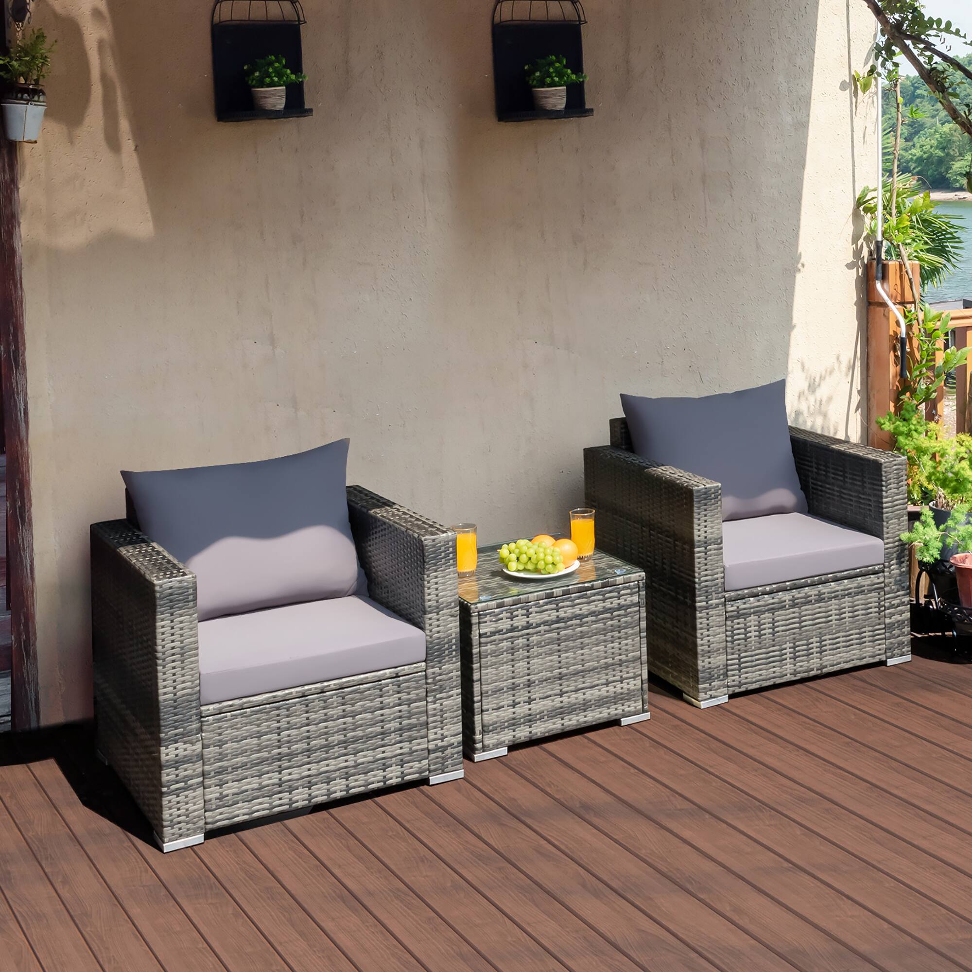 Alt View 1. Costway - 3 PCS Patio Rattan Furniture Bistro Set Cushioned Sofa Chair Glass Table Garden - Mix Grey/Grey.