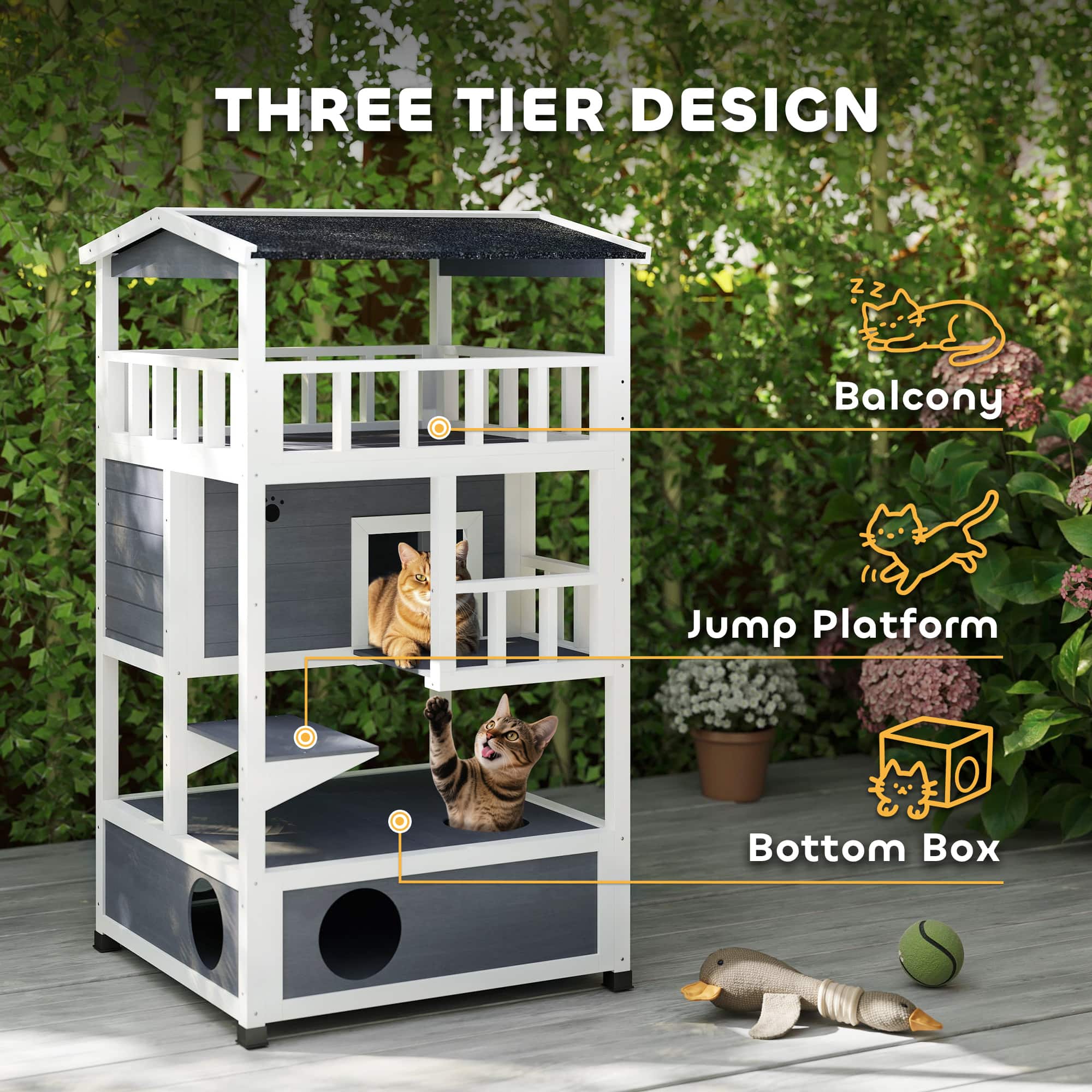 Pawhut Wooden Outdoor Cat House, Feral Cat Shelter Kitten Condo