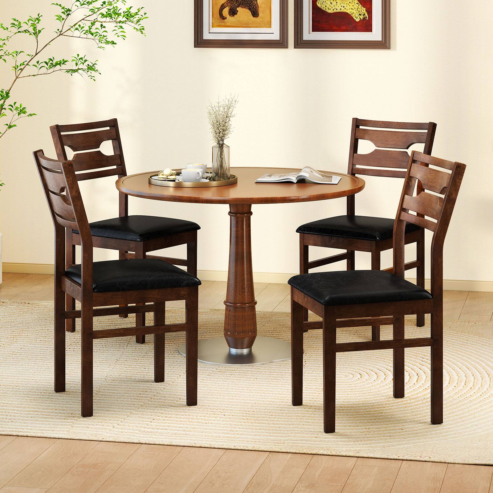 Alt View 1. Gymax - Gymax Dining Chair Set of 4 w/ Rubber Wood Frame Padded Seat Curved Backrest - Brown.