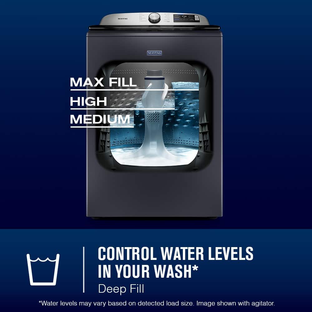 MAX FILL
HIGH
MEDIUM
CONTROL WATER LEVELS IN YOUR WASH*
Deep Fill
*Water levels may vary based on detected load size. Image shown with agitator.