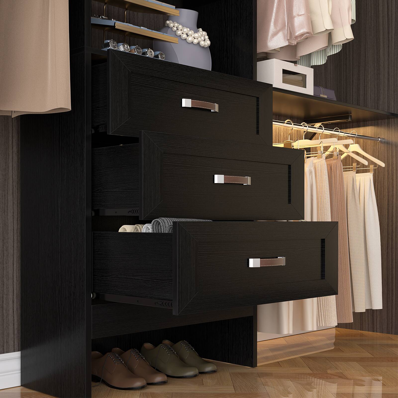Alt View 2. Aheaplus - 96" Wooden Closet System: 3 Curved Drawers + 3 Hanging Rods and Shelves. Adjustable Walk-in Organizer - Black.