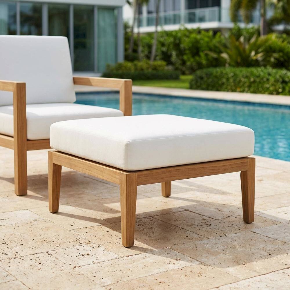 Left. Outdoor Escape - Teak Wood Outdoor Ottoman With Durable Finish And Versatile Use - Gray.