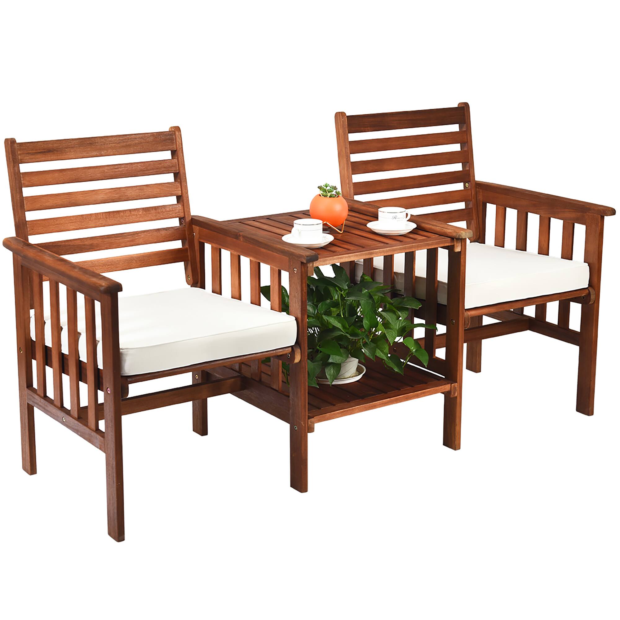 Alt View 9. Costway - Costway Patio Loveseat Conversation Set Acacia Wood Chair Coffee Table Cushioned White - White.