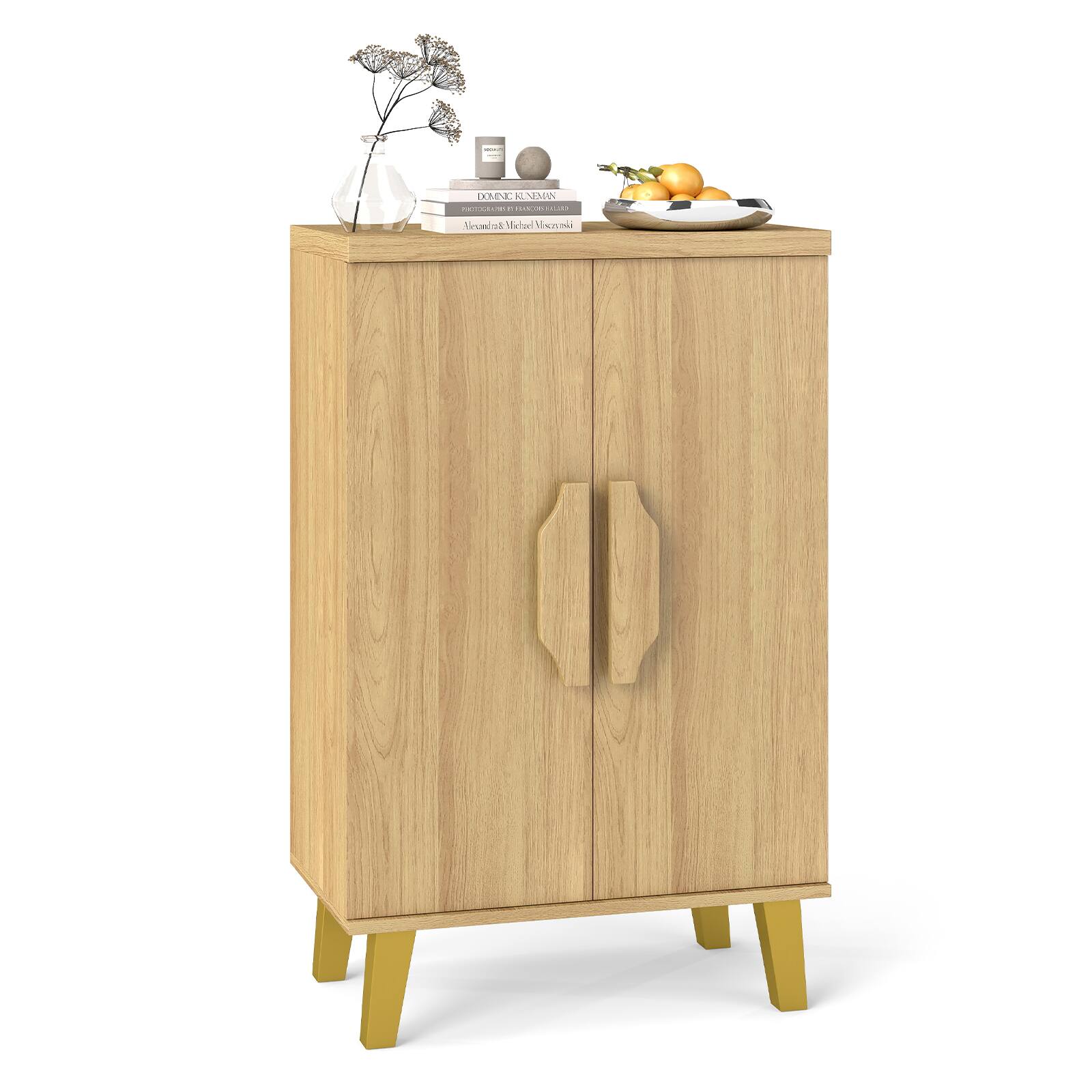 Gymax - Buffet Cabinet Storage Cabinet w/ Double Doors & 3 Detachable Shelves - Natural