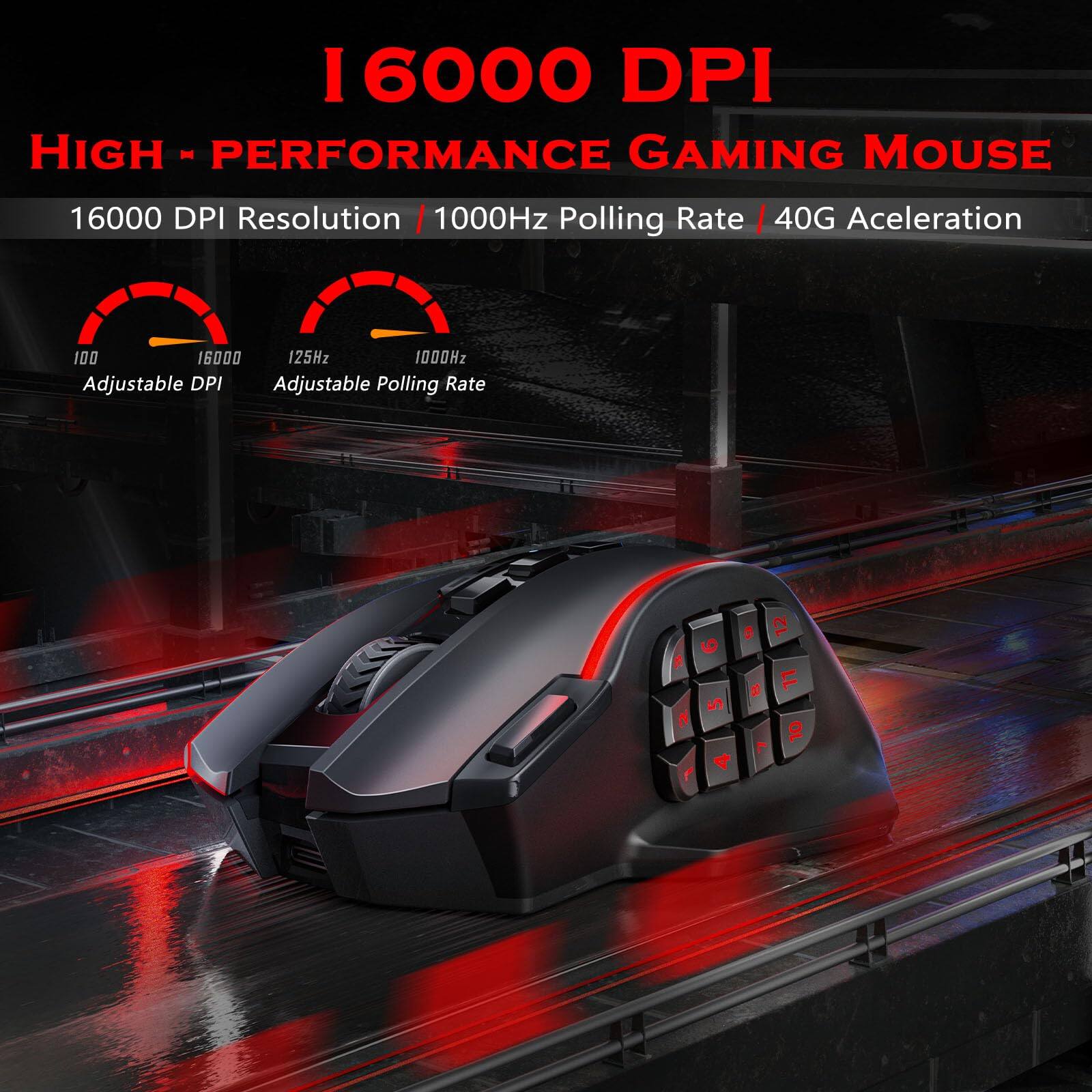 I 6000 DPI  
HIGH PERFORMANCE GAMING MOUSE  
16000 DPI Resolution / 1000Hz Polling Rate / 40G Acceleration  

Adjustable DPI  
Adjustable Polling Rate  

100 16000  
125Hz 1000Hz  

1 2 3 4 5 6 7 8 9 10 11 12