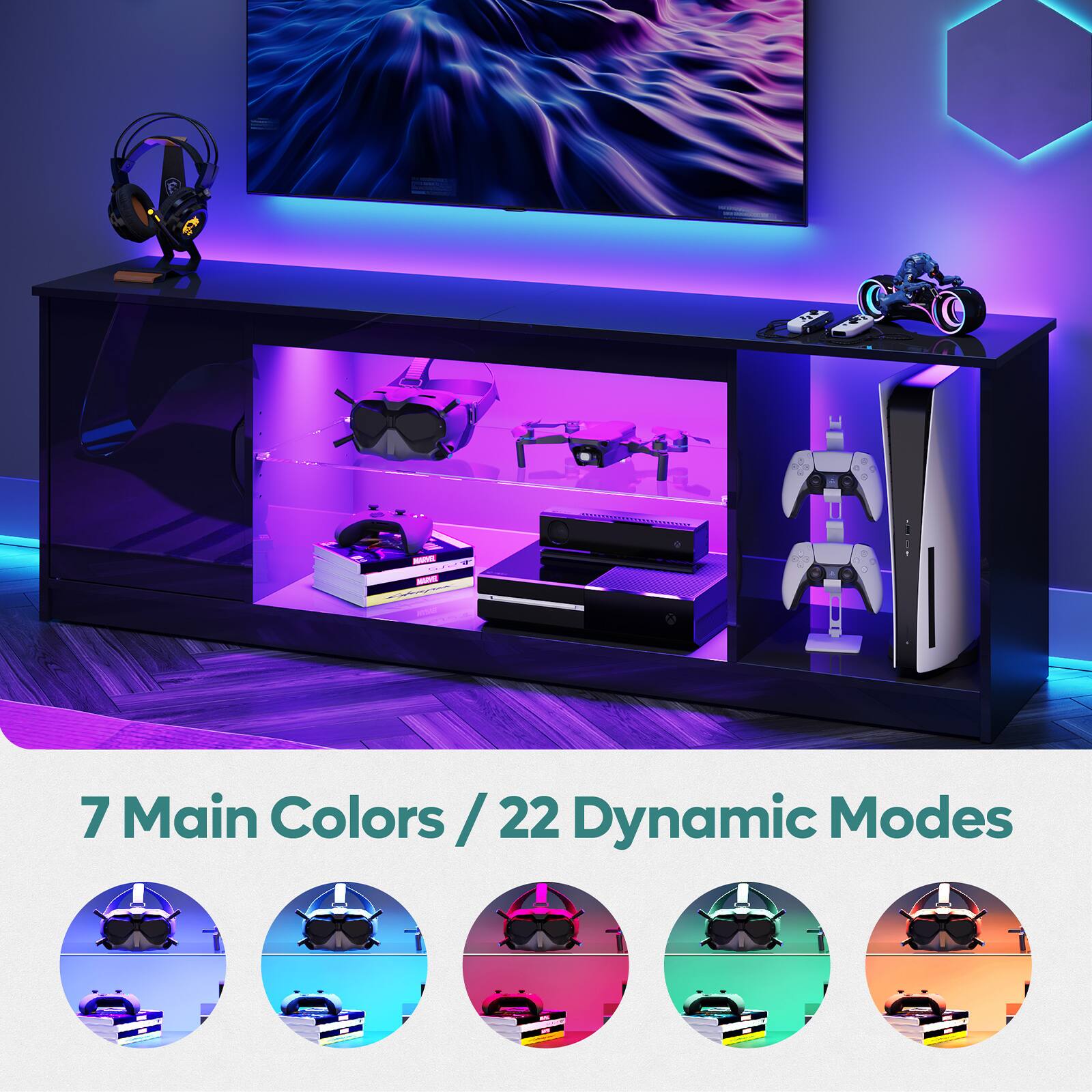 Bestier 57 inch Gaming TV Stand with RGB Lights, Adjustable Glass