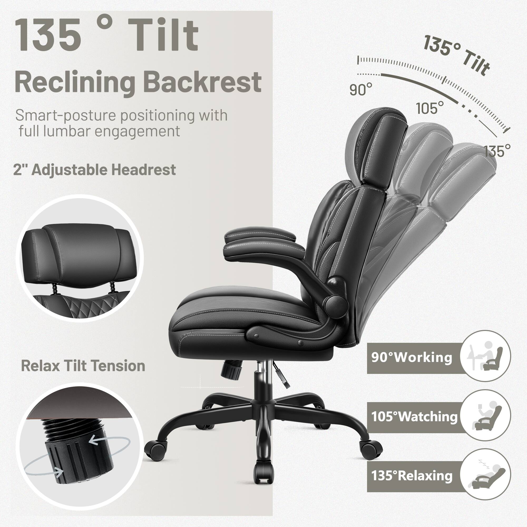 135° Tilt Reclining Backrest  
Smart-posture positioning with full lumbar engagement  

2" Adjustable Headrest  

Relax Tilt Tension  

90° Working  
105° Watching  
135° Relaxing