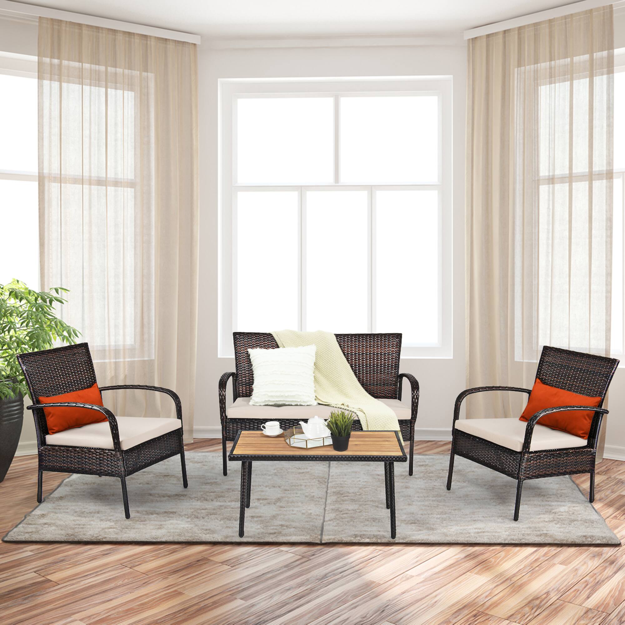 Alt View 3. Gymax - Gymax 4PCS Rattan Patio Conversation Set Outdoor Furniture Set Cushioned - White+Black.