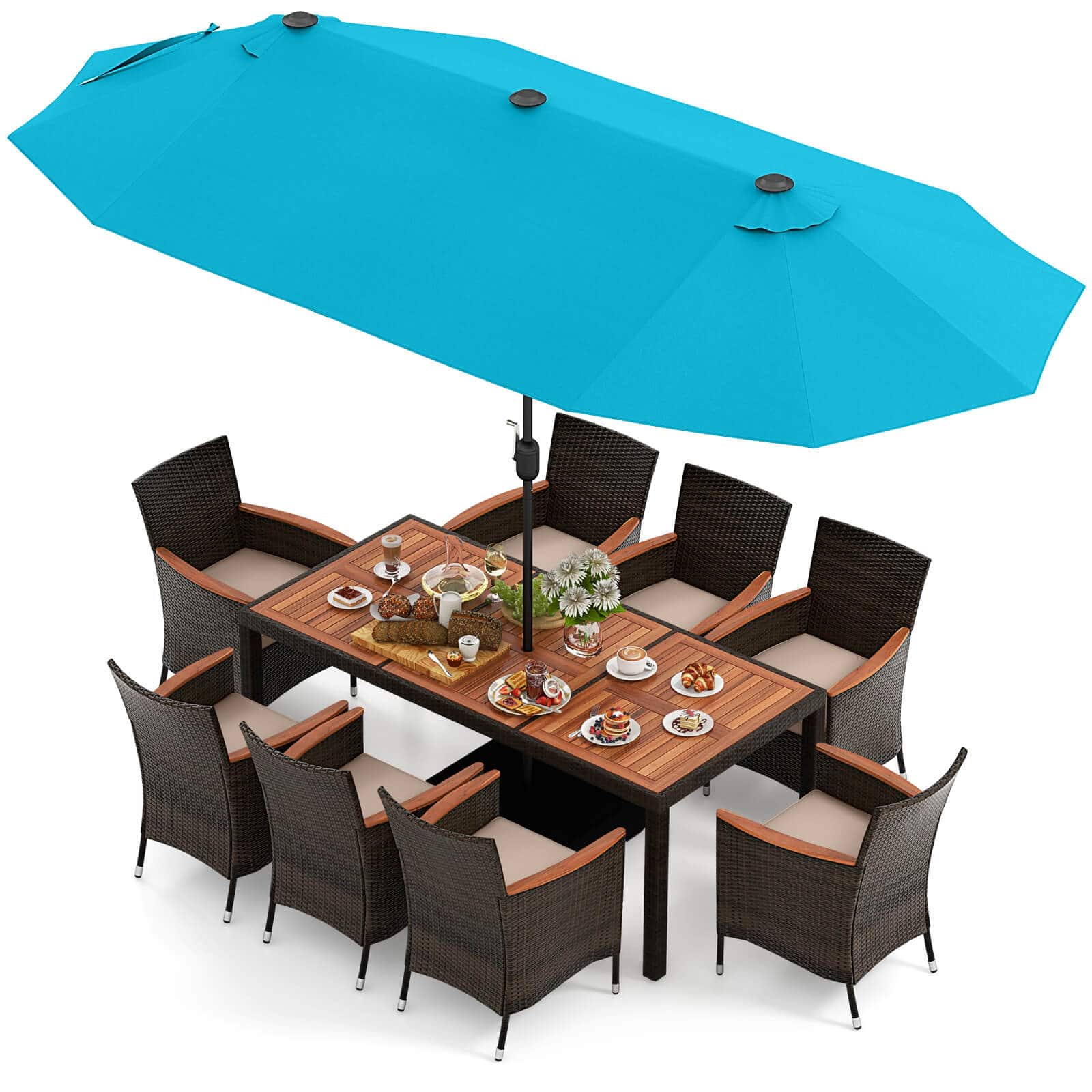 Costway - 11 PCS Patio Dining Set with 15ft Double-Sided Patio Umbrella (Base Included) - Mix Brown,Beige,Turquoise