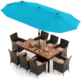 Costway - 11 PCS Patio Dining Set with 15ft Double-Sided Patio Umbrella (Base Included) - Mix Brown,Beige,Turquoise