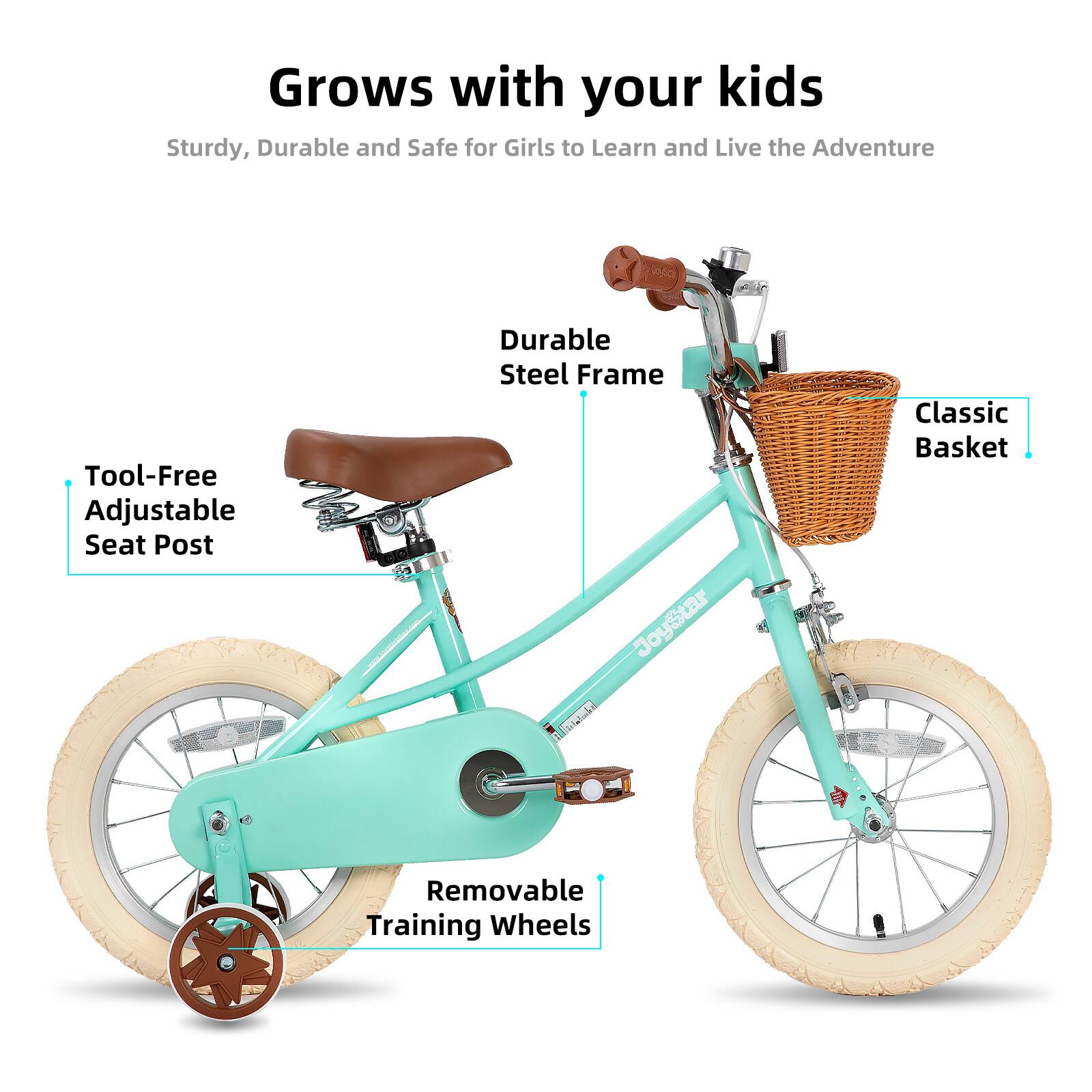 Grows with your kids  
Sturdy, Durable and Safe for Girls to Learn and Live the Adventure  

- Tool-Free Adjustable Seat Post  
- Durable Steel Frame  
- Classic Basket  
- Removable Training Wheels